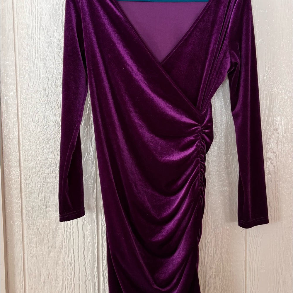 Chic Long Sleeve Velvet Dress in Deep Purple